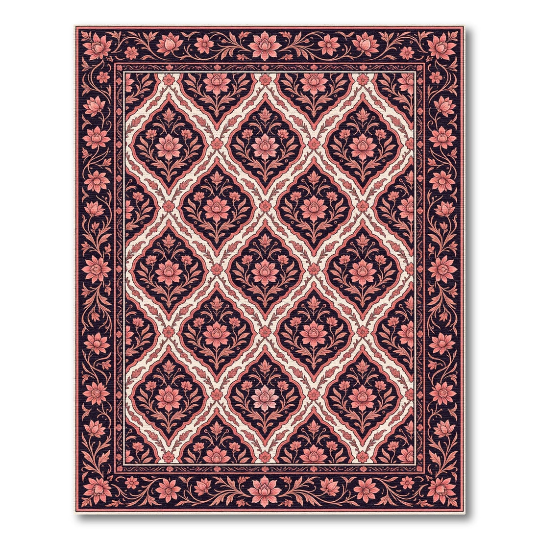 Deep Navy Coral Floral Lattice Rug