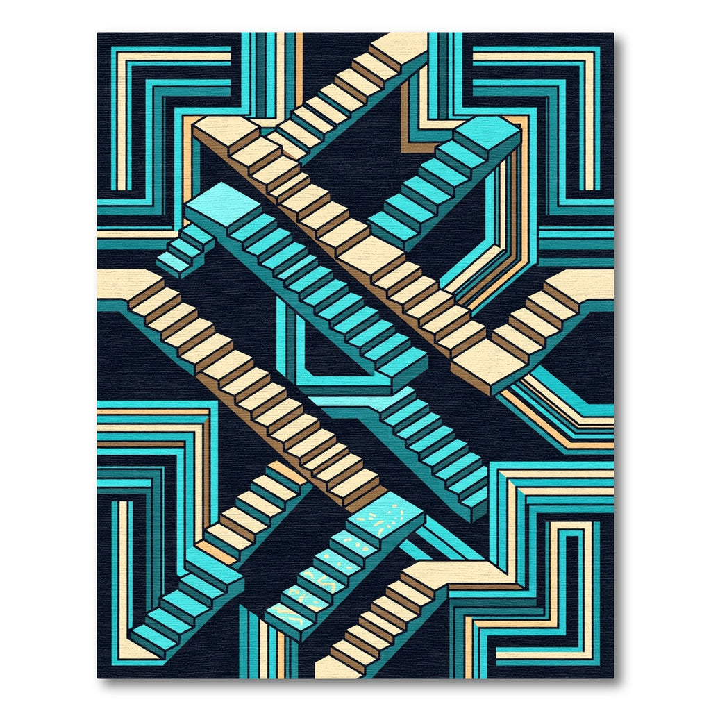 Geometric Teal and Cream Isometric Staircase Rug
