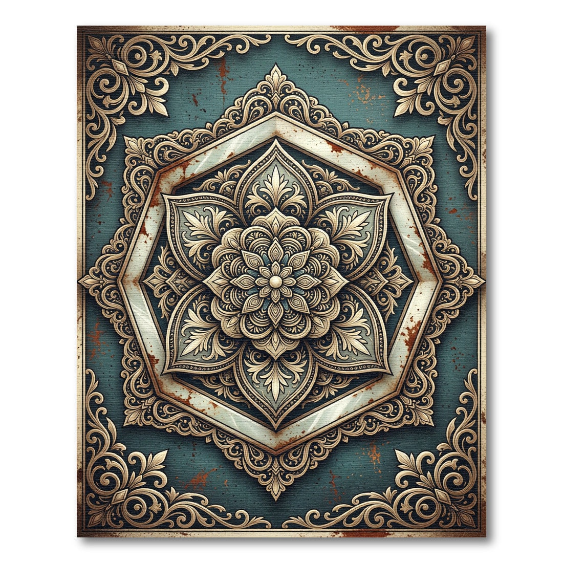 Ornate Teal and Gold Mandala Medallion Rug