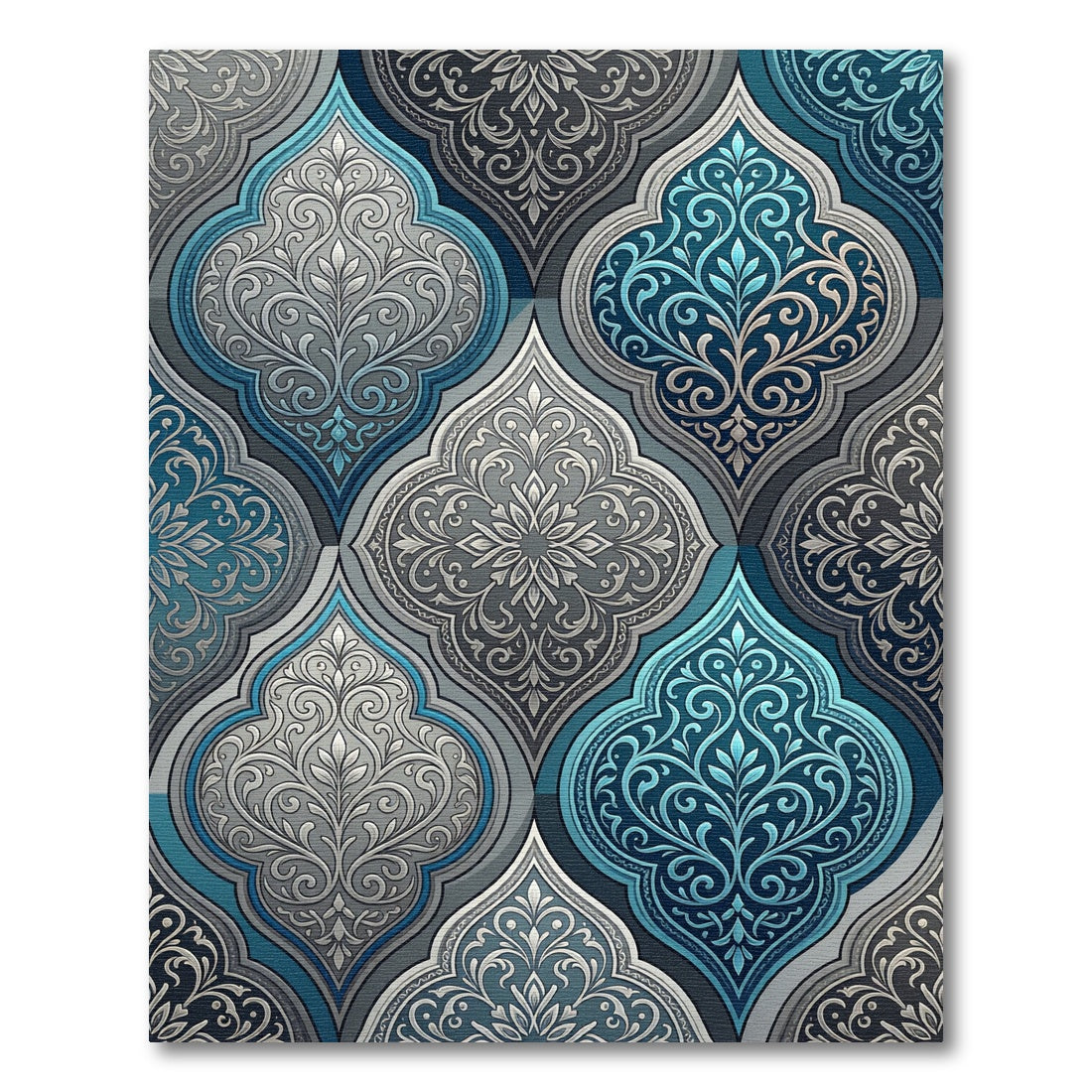 Elegant Blue and Silver Damask Ornate Rug