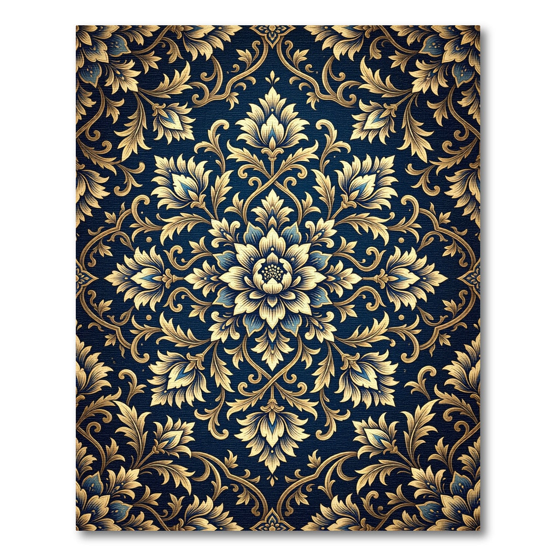 Golden Floral Medallion Navy Foliage Rug