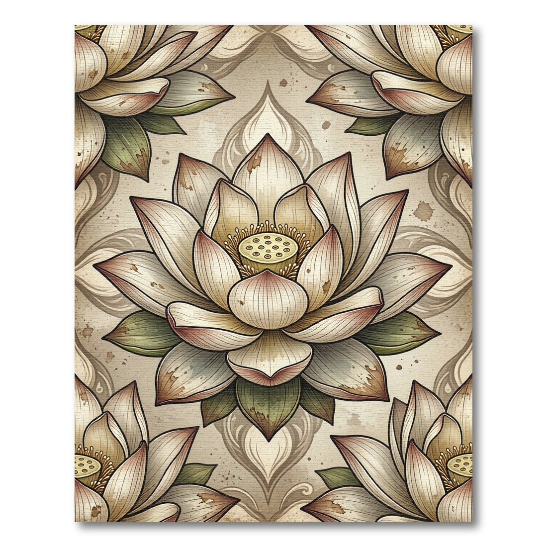 Vintage Neutral Lotus Floral Illustration Rug