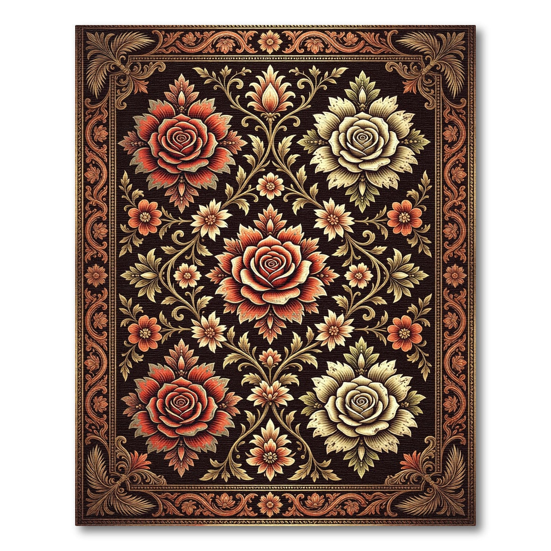 Vintage Crimson Ivory Floral Damask Rug