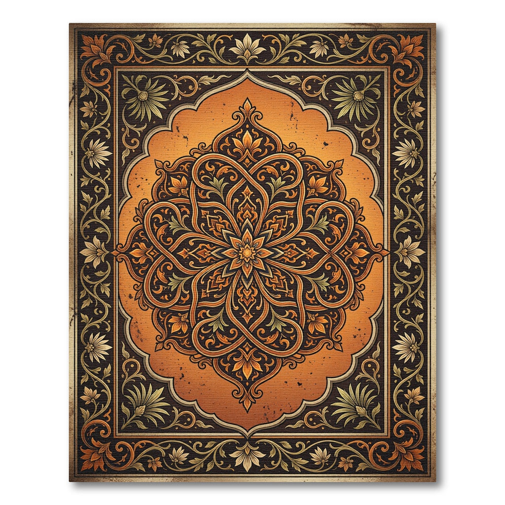 Ornate Amber Floral Medallion Scroll Rug