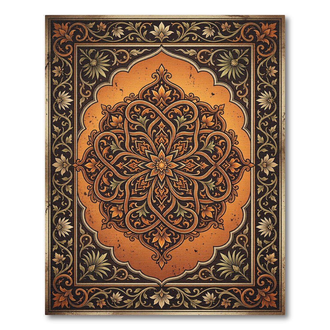 Ornate Amber Floral Medallion Scroll Rug