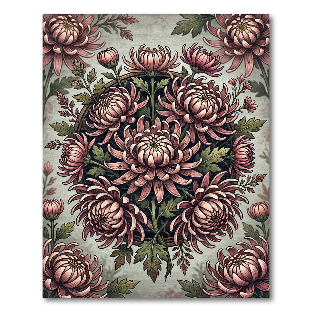 Blush Chrysanthemum Botanical Floral Wreath Rug
