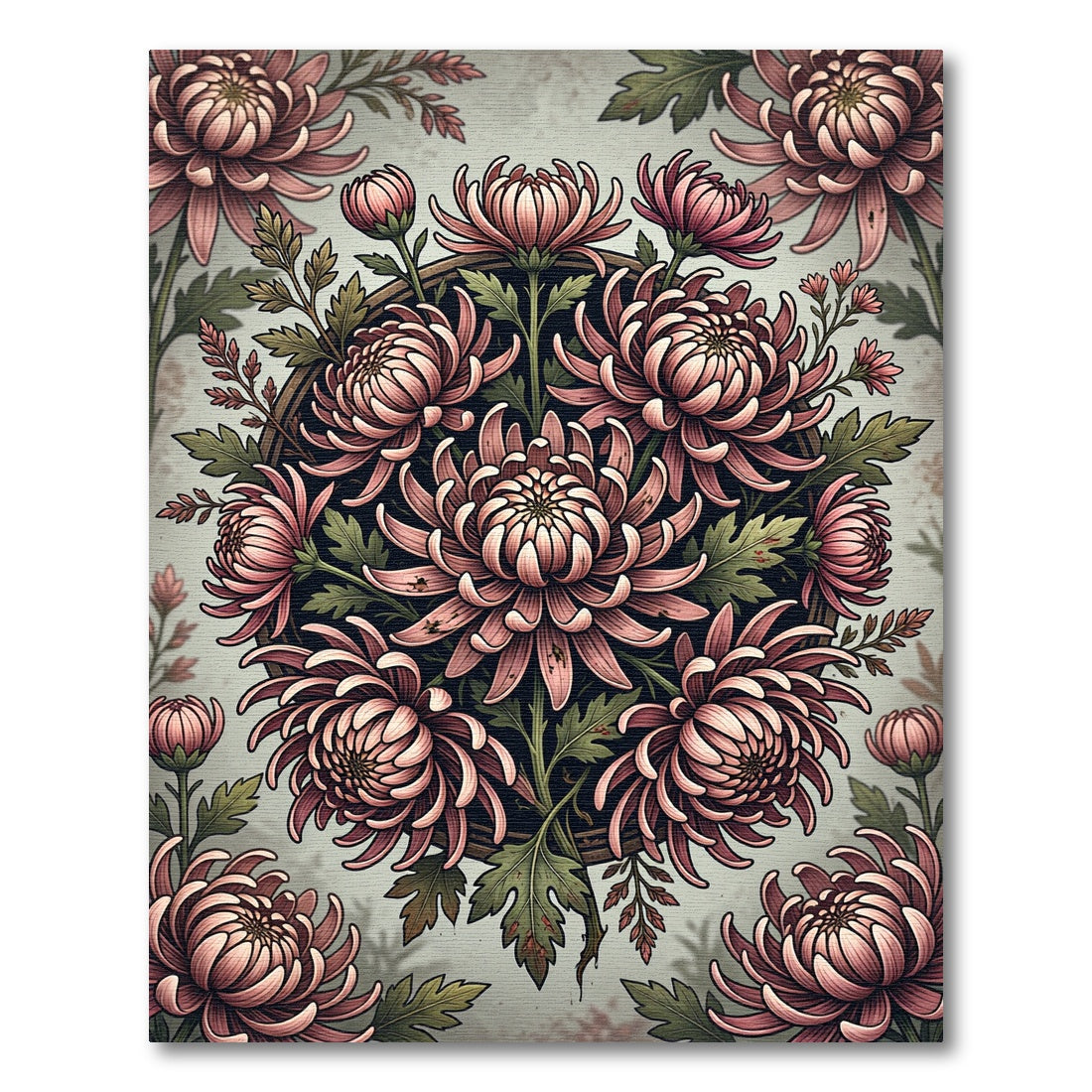 Blush Chrysanthemum Botanical Floral Wreath Rug