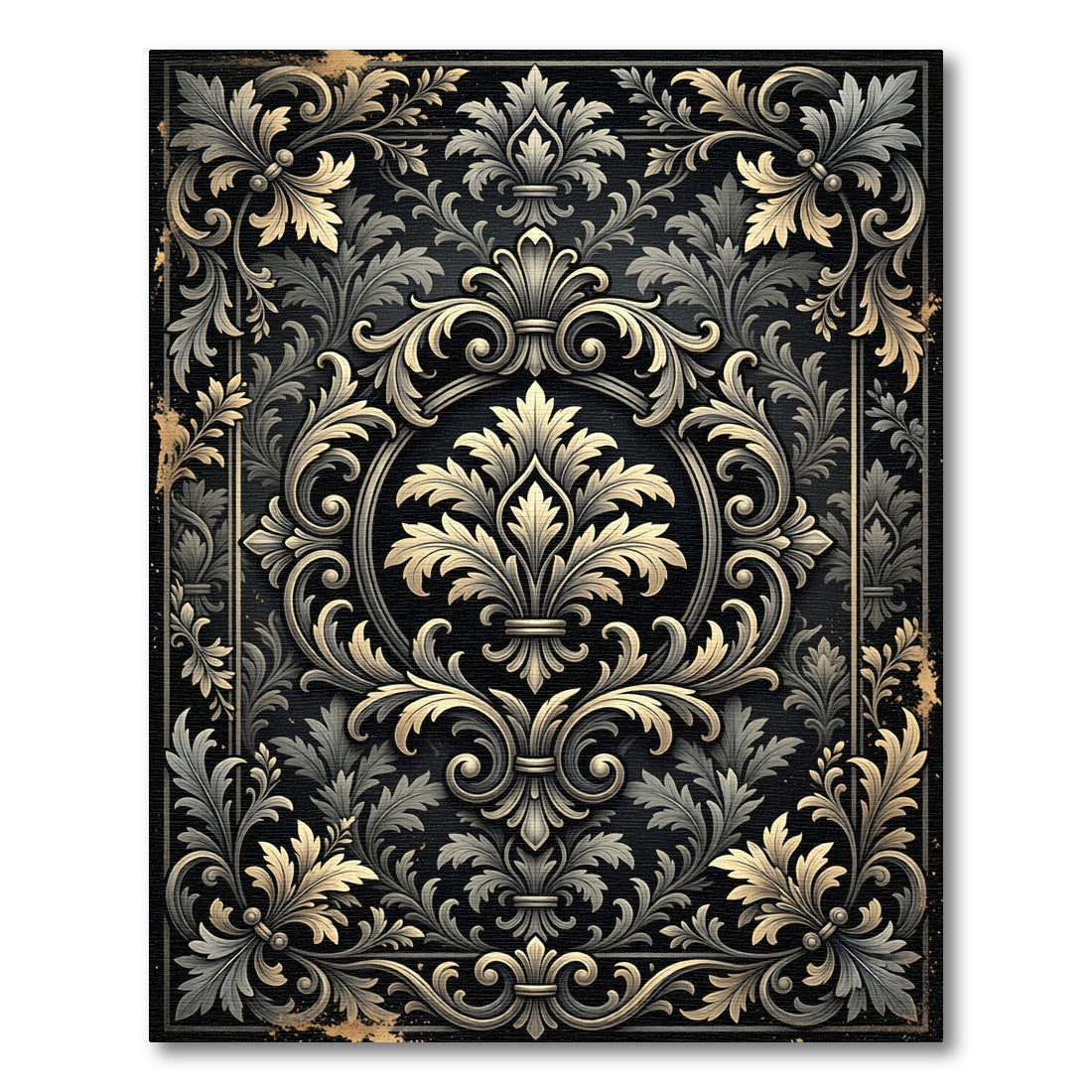 Ornate Gold Leaf Scrollwork Black Rug