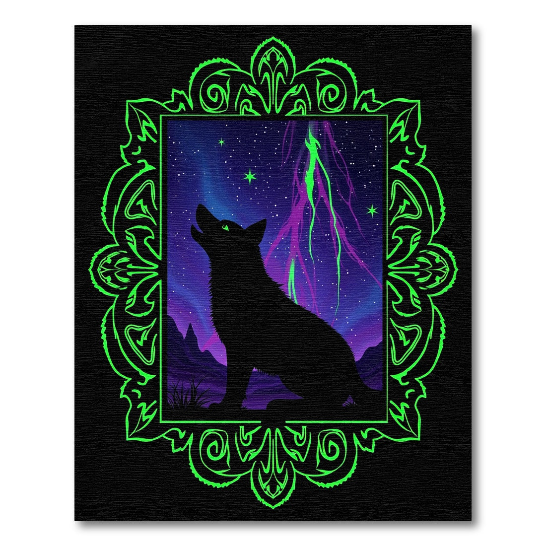 Neon Green Wolf Night Sky Rug