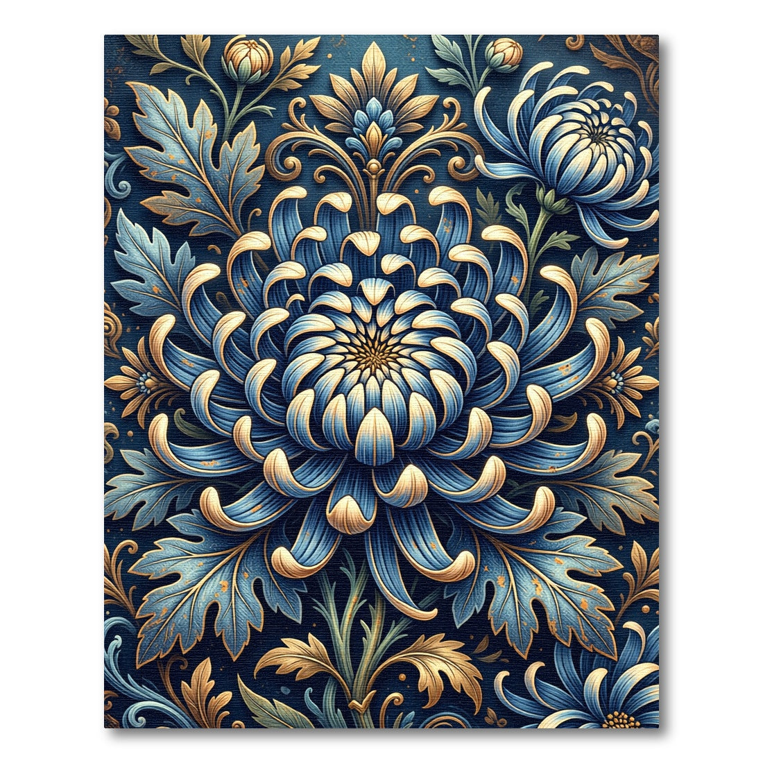 Blue Chrysanthemum Golden Leaf Botanical Rug