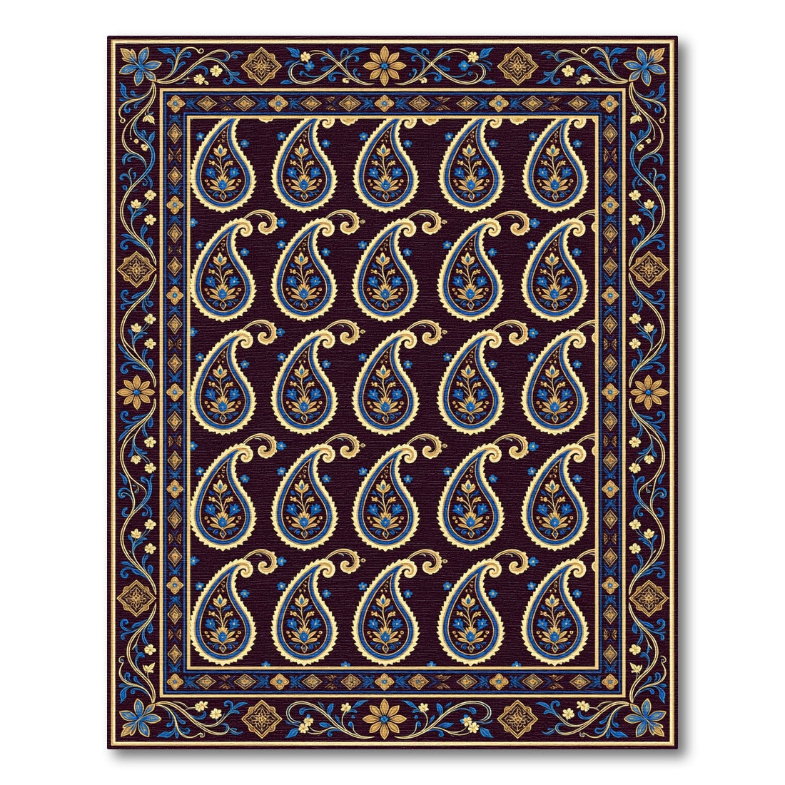 Midnight Blue Golden Paisley Tapestry Rug