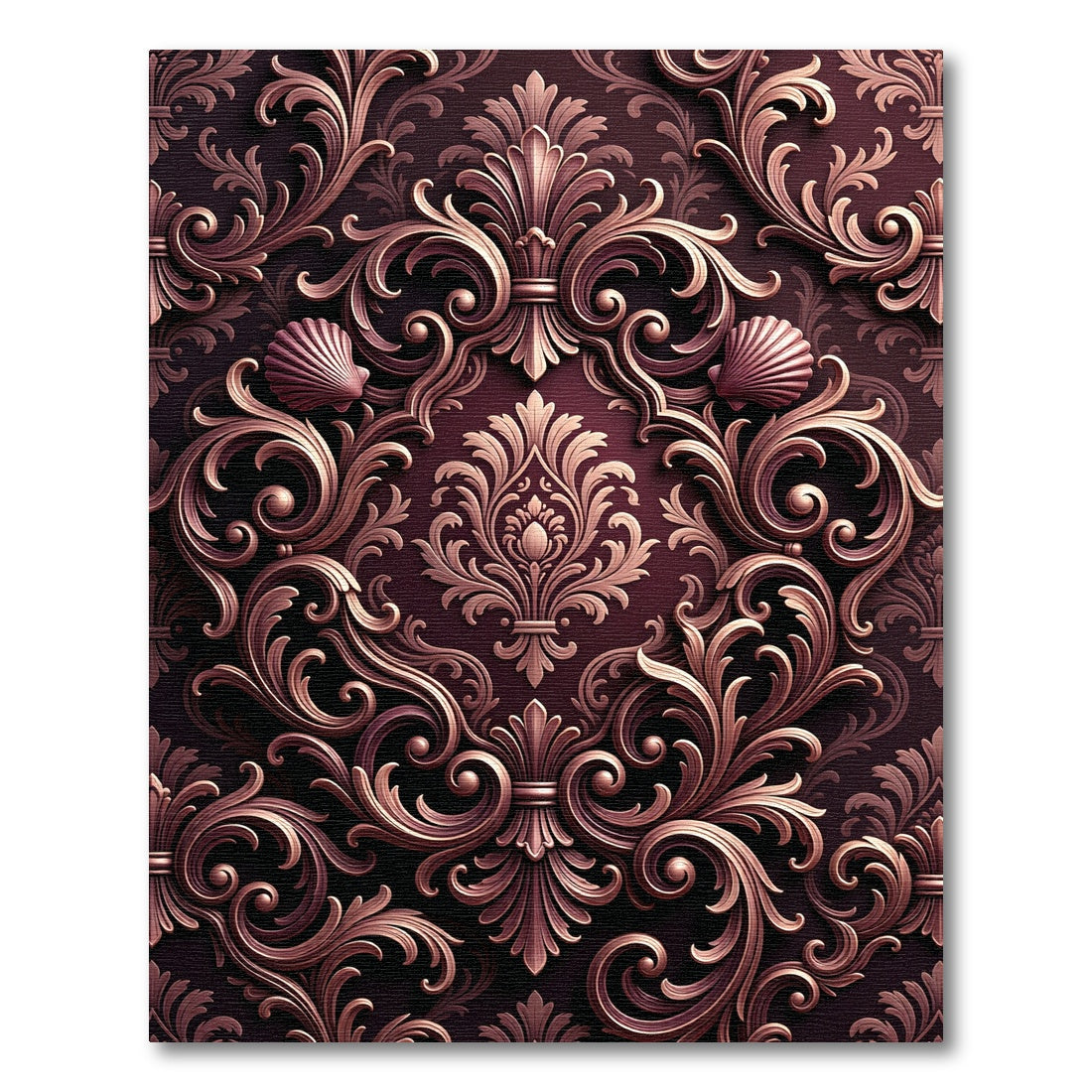 Ornate Damask Scroll Shell Burgundy Rug