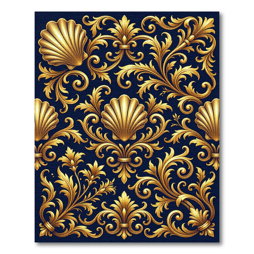 Gold Shell Baroque Scroll Navy Rug