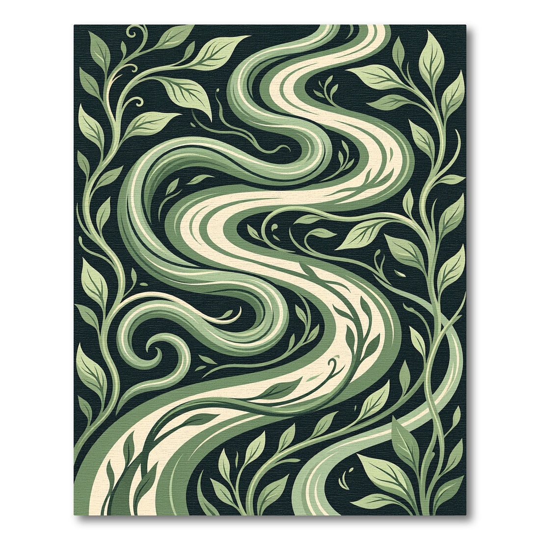 Serpentine Green Botanical Leaf Swirls Rug