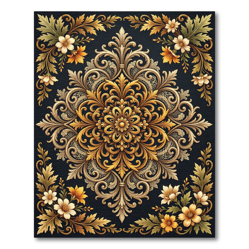 Opulent Gold Floral Baroque Medallion Rug