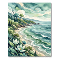 Watercolor Coastal Fern and Flower Landscape Rug