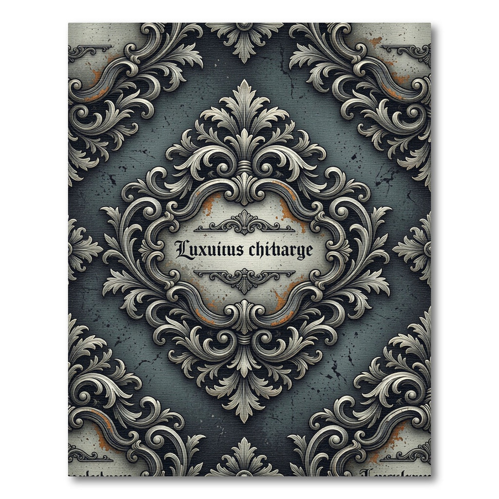 Ornate Silver Scrollwork Grey Damask Rug
