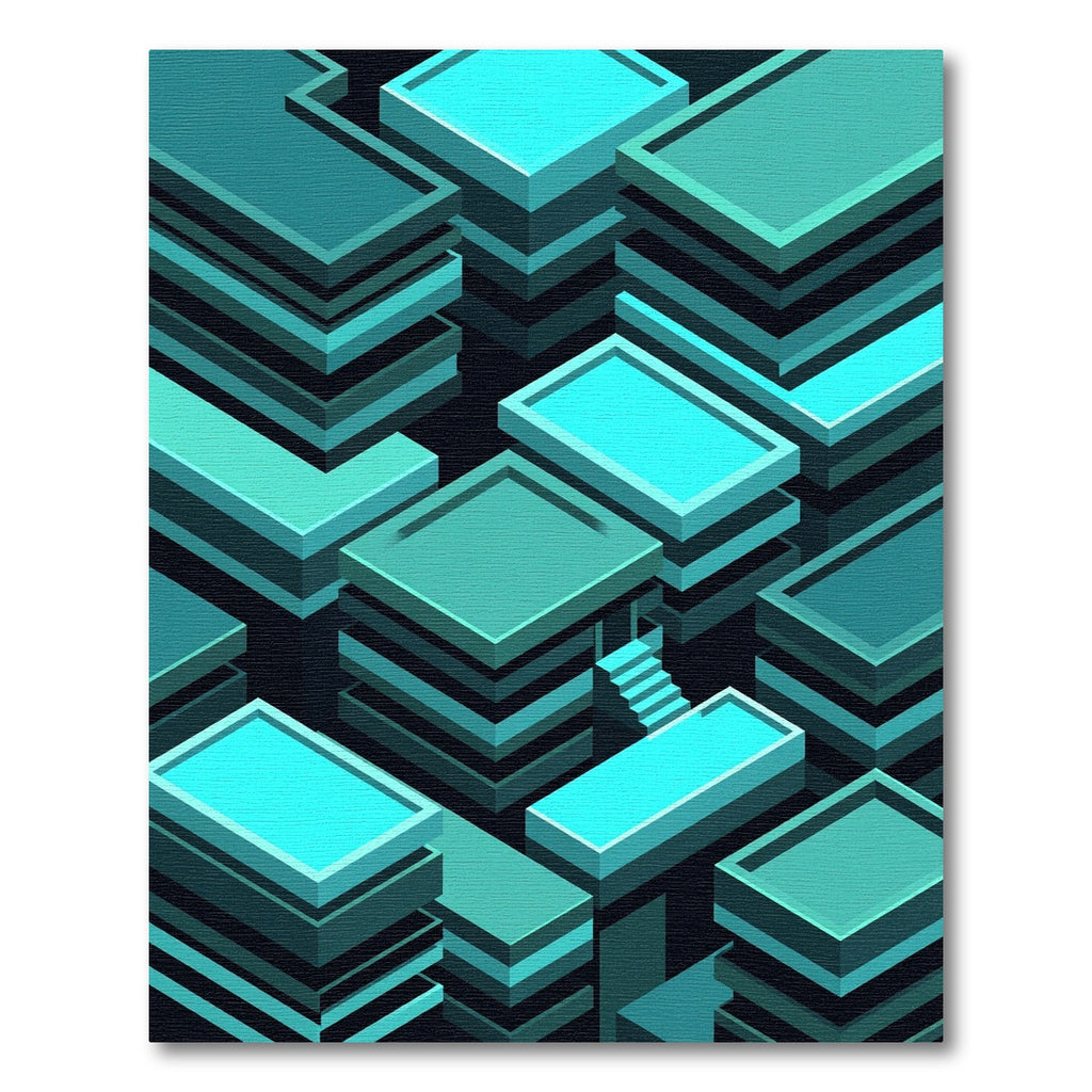 Cyan Geometric Isometric Architectural Blocks Rug