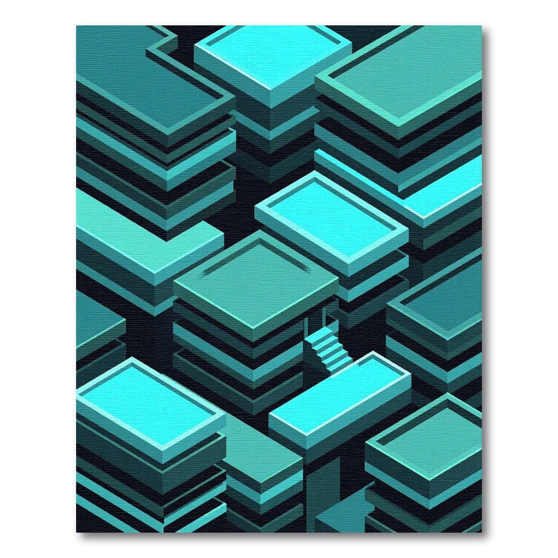 Cyan Geometric Isometric Architectural Blocks Rug
