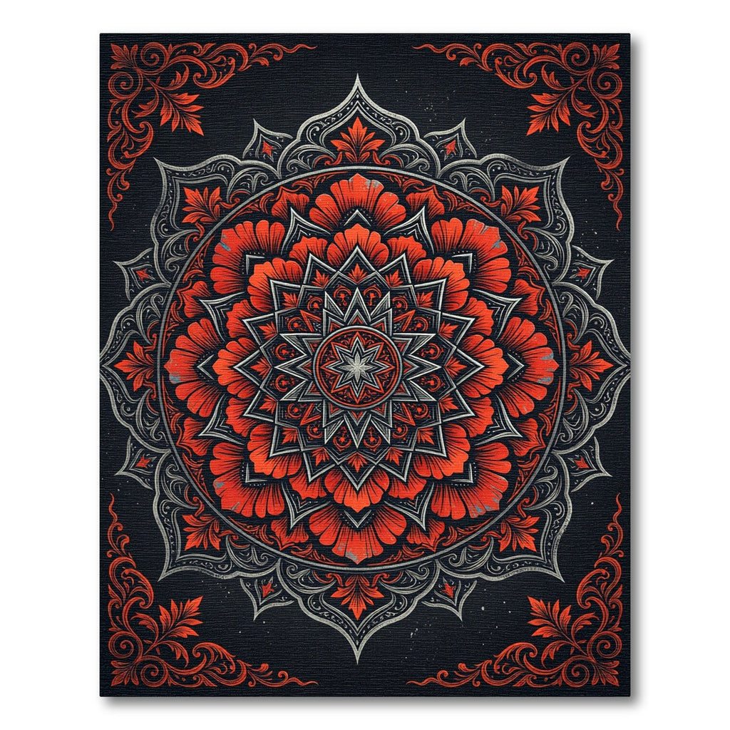 Crimson Botanical Mandalas on Charcoal Round Rug