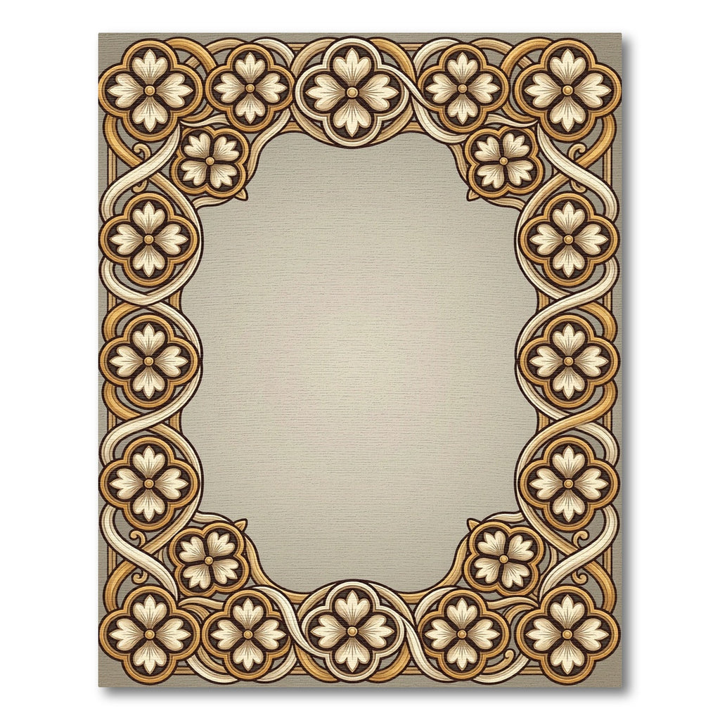 Golden Beige Quatrefoil Floral Border Rug