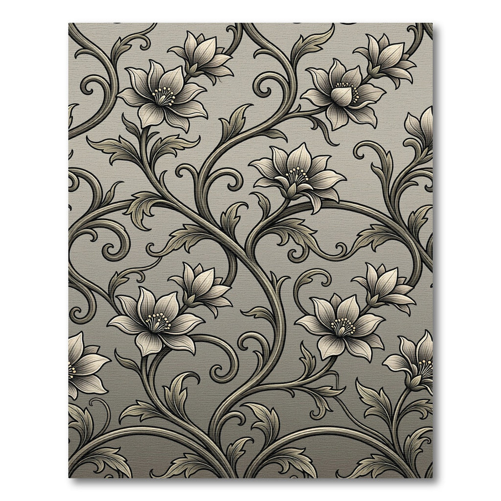 Elegant Greyscale Floral Swirl Scroll Rug