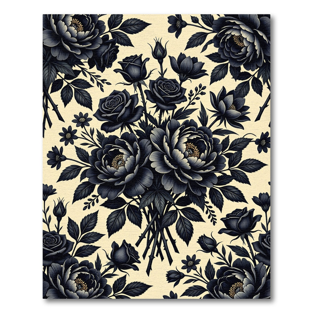 Elegant Black Floral Botanical Bouquet Rug