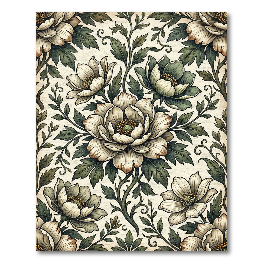 Vintage Sage and Cream Peony Illustration Rug