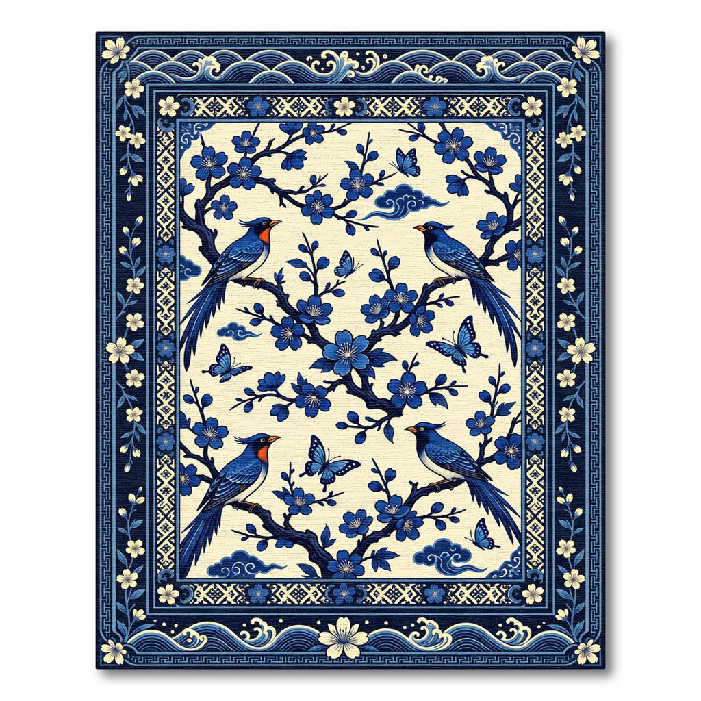Blue Bird Blossom With Butterflies Rug