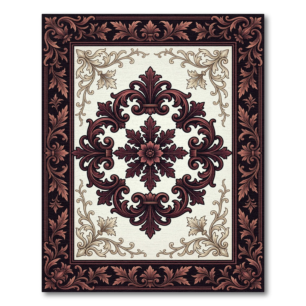 Ornate Burgundy Floral Damask Scroll Rug