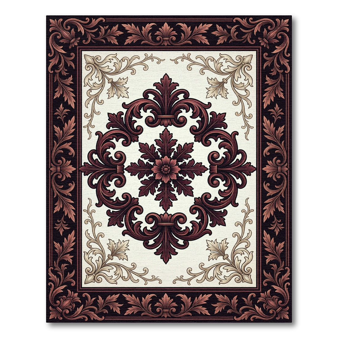 Ornate Burgundy Floral Damask Scroll Rug