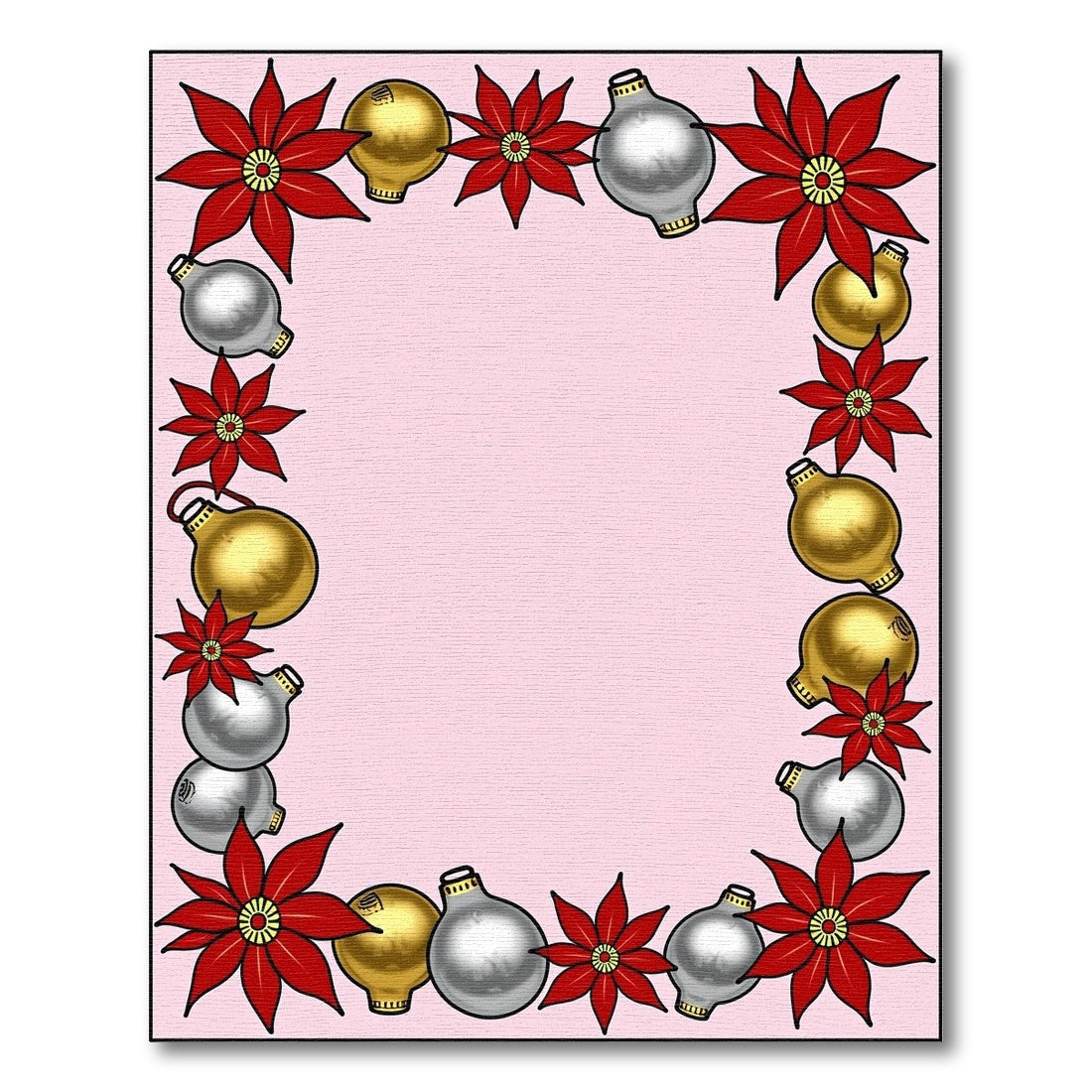 Red Poinsettia Gold Silver Ornaments Border Rug