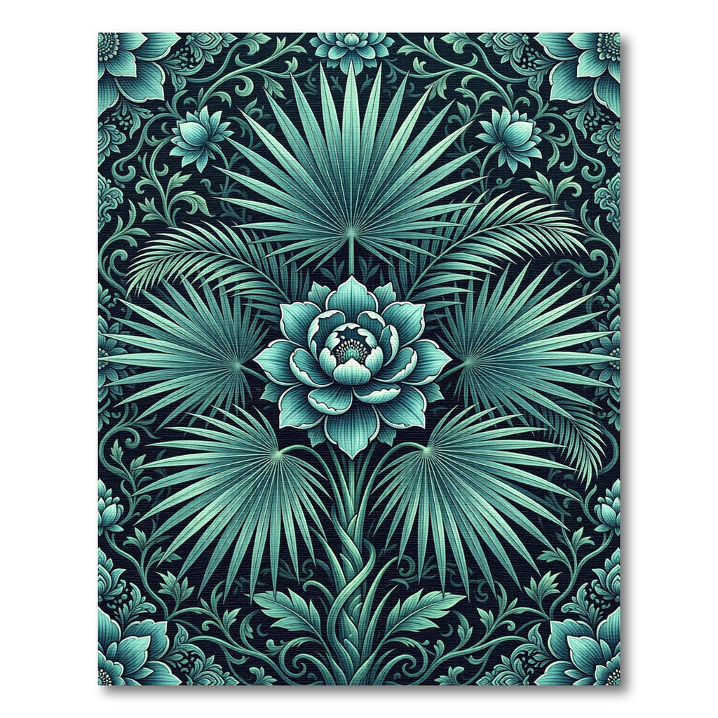 Teal Floral Palm Leaf Composition Rug