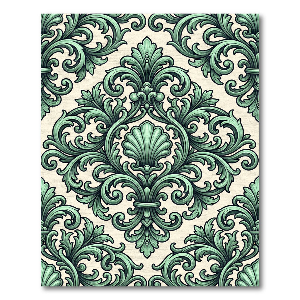Sage Green Ornate Acanthus Shell Damask Rug