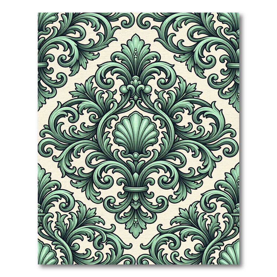 Sage Green Ornate Acanthus Shell Damask Rug