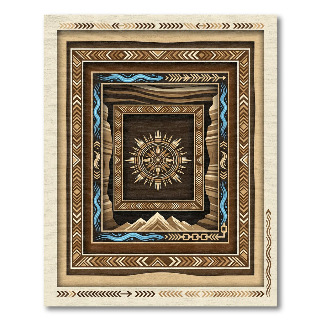 Earthy Geometric Compass Mountain Border Rug
