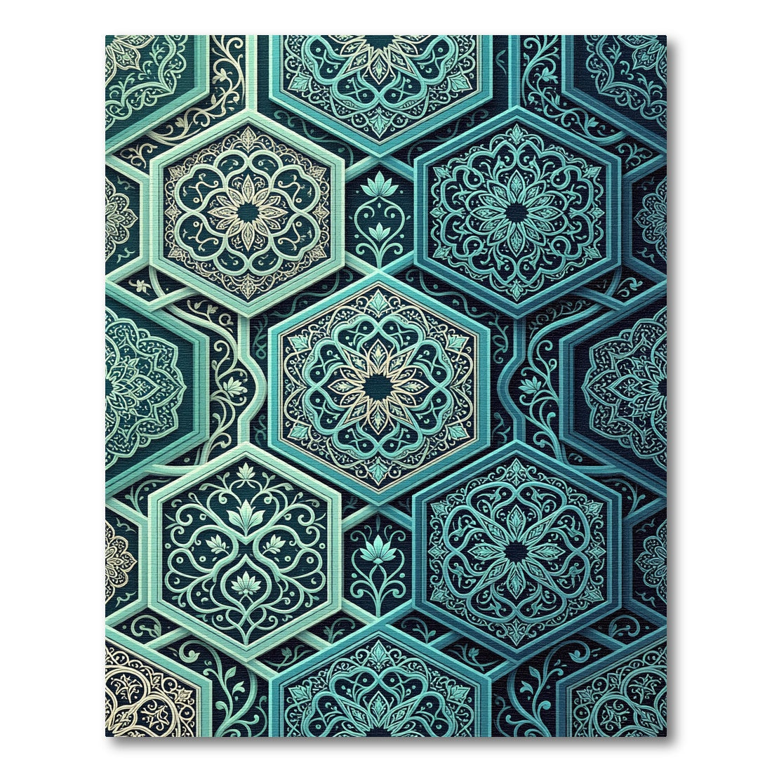 Teal Hexagonal Floral Lattice Medallion Rug