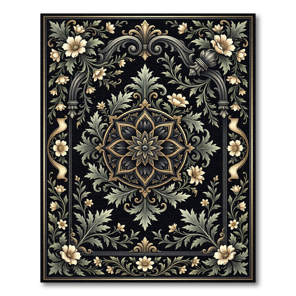 Antique Black Floral Medallion Scrollwork Rug