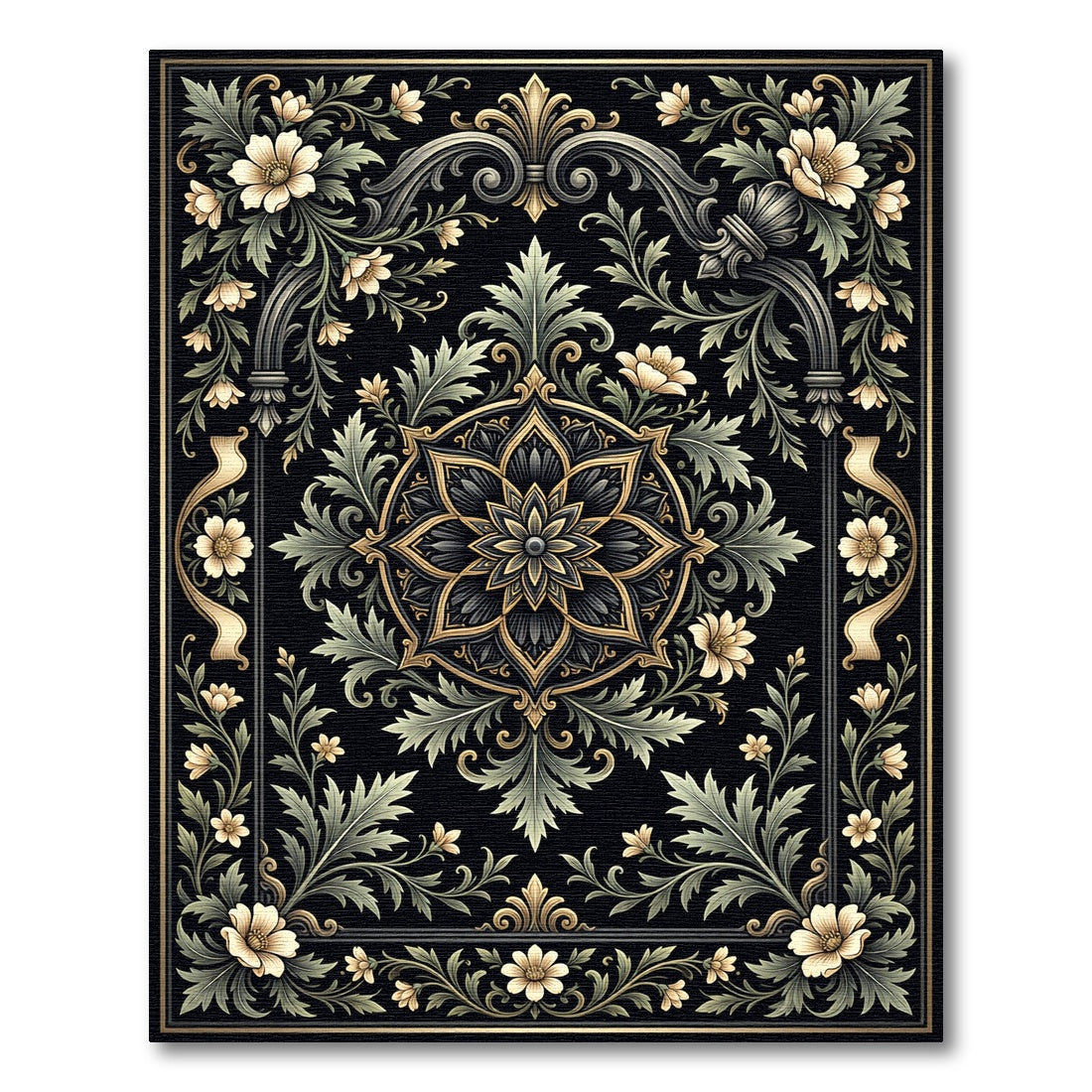 Antique Black Floral Medallion Scrollwork Rug