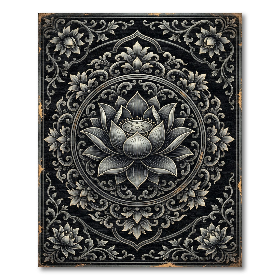 Elegant Silver Lotus Mandala Monochromatic Rug