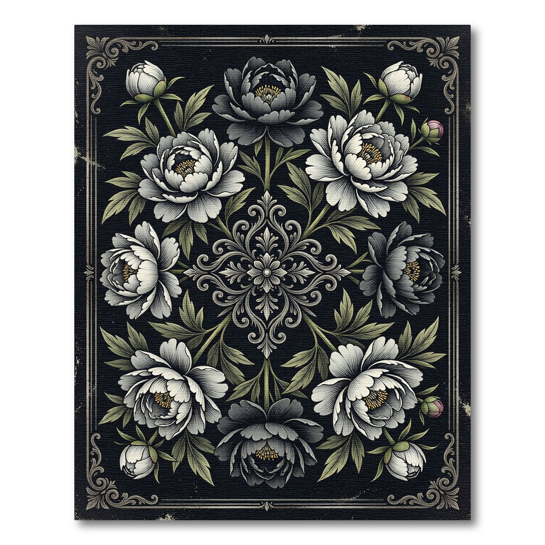 Monochromatic Peony Floral Damask Onyx Rug