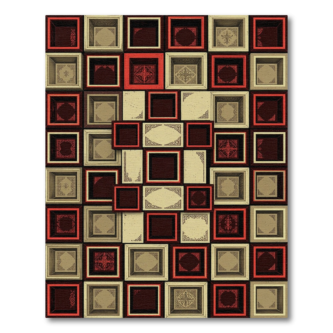 Antique Red Square Frame Medallion Rug