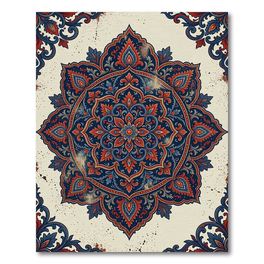 Ornate Red Blue Floral Mandala Rug