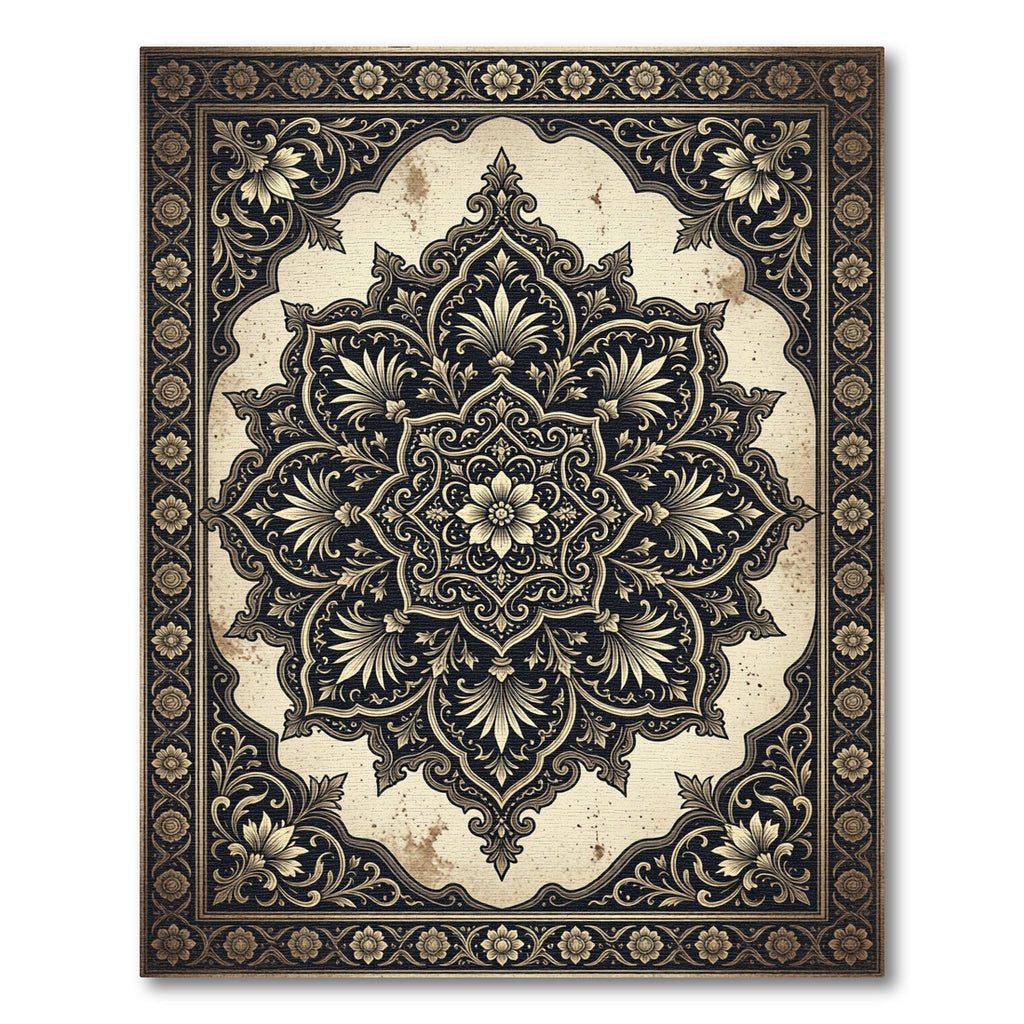 Antique Black Gold Floral Medallion Rug
