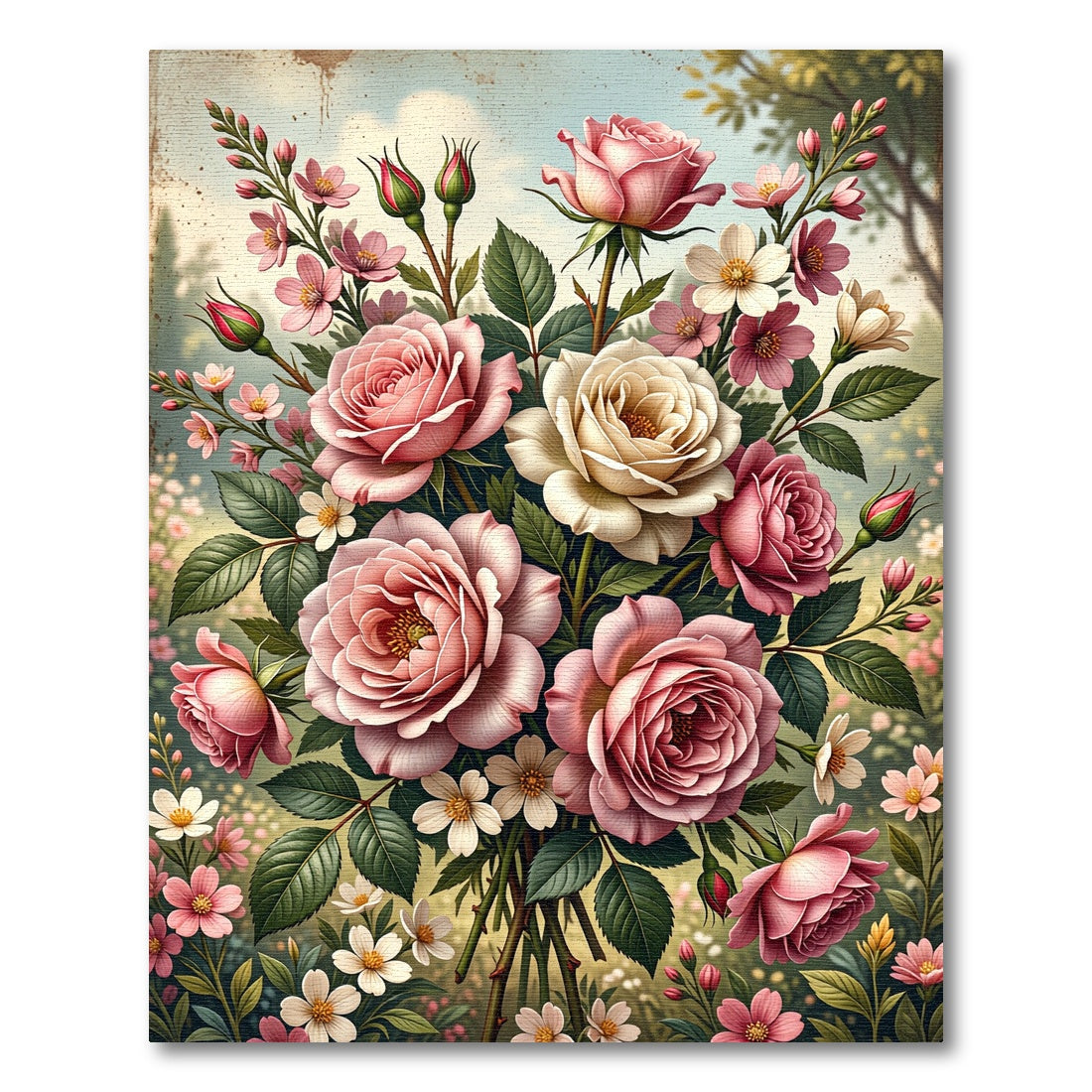 Elegant Pink Rose Bouquet Garden Illustration Rug