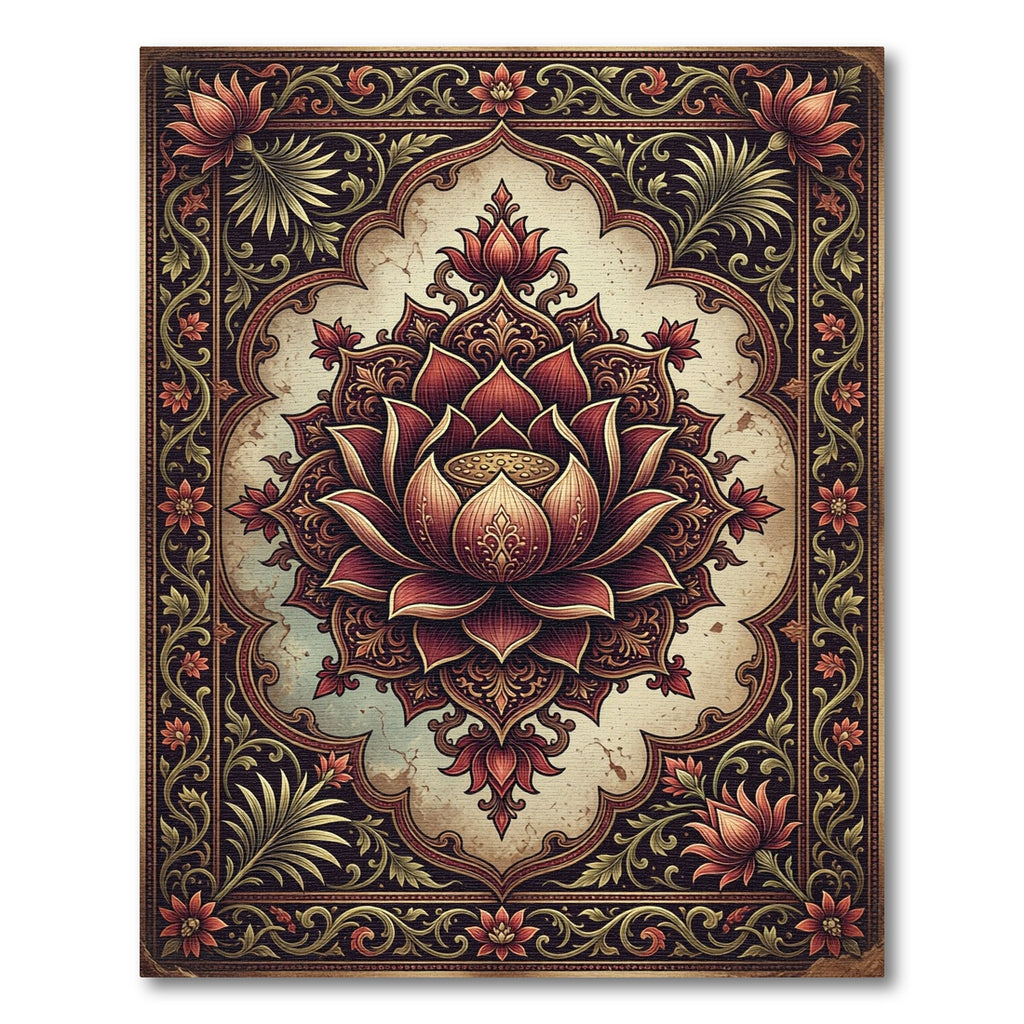 Vintage Maroon Lotus Floral Medallion Rug