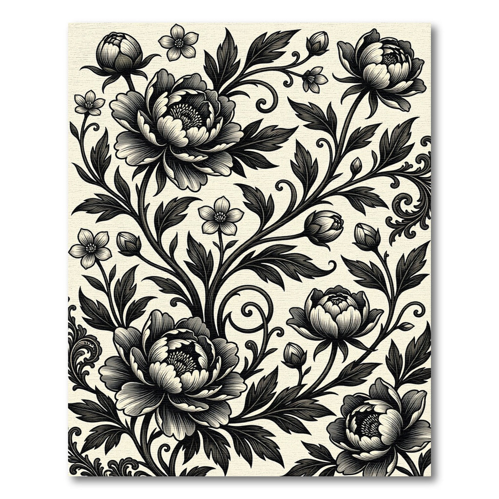 Monochrome Floral Peony Botanical Art Rug