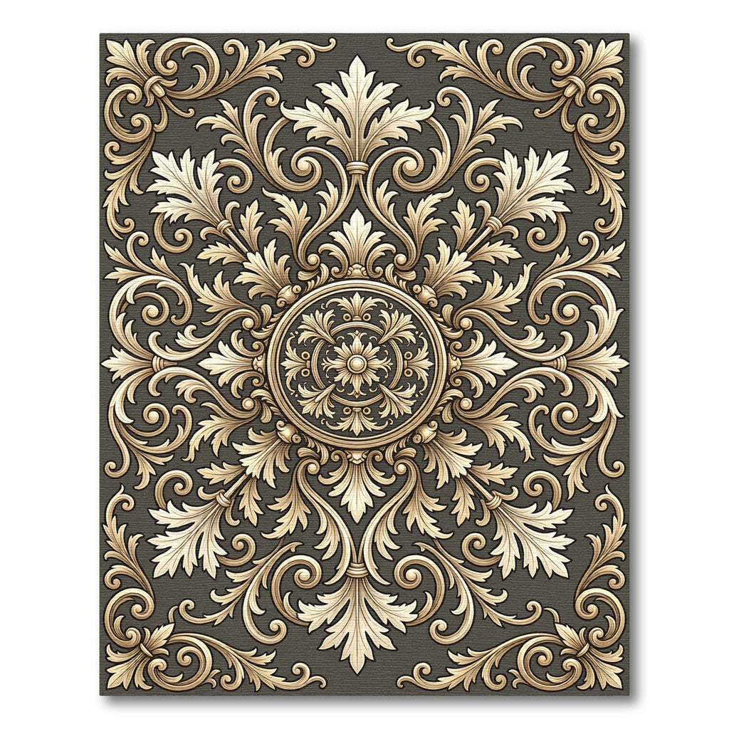 Ornate Gold Damask Floral Medallion Rug