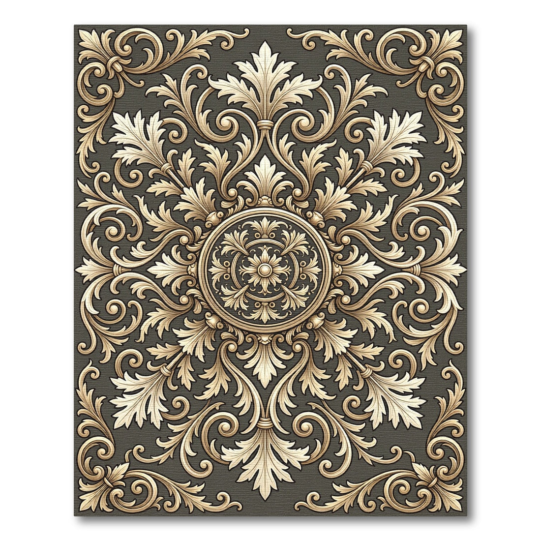 Ornate Gold Damask Floral Medallion Rug