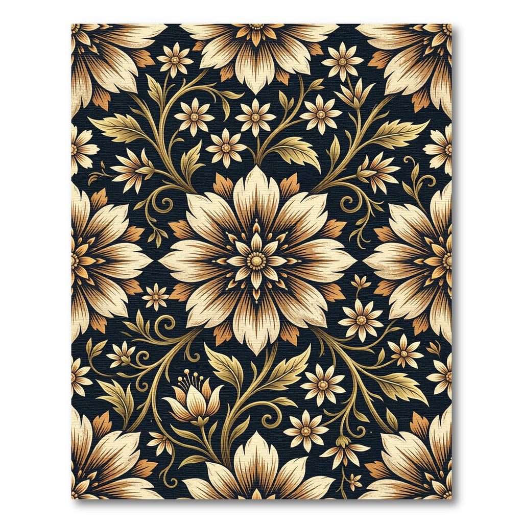 Golden Floral Scroll on Navy Rug